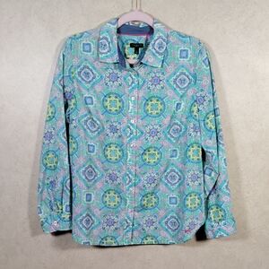02521 Talbots aqua and pink cotton button blouse PL